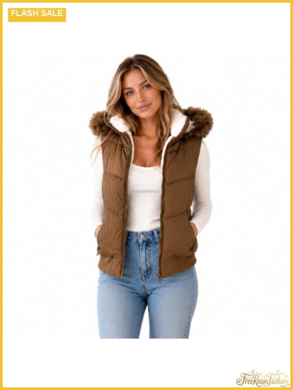 Womens Puffer Vest Faux Fur Hood Sleeveless Quilted Jacket